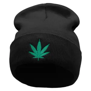 Marijuana Leaf Embroidered 12 inch Acrylic Cuffed Long Beanie