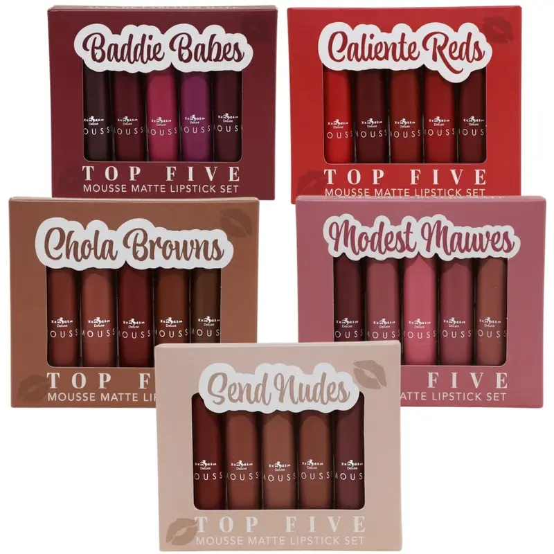 Italia Deluxe Top Five Mousse Matte Lipstick Set - Hydrating, Transparent, Long Lasting Lipsticks for Lip Makeup - Caliente Reds, Chola Browns, Modest Mauves, Send Nudes - Cosmetic
