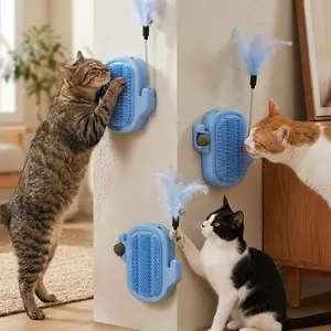 1PC Multi‑Function Cat Corner Care Station, Wall‑Mounted Cat Self‑Massage Groomer with Feather Teaser & Catnip Ball, Durable Cat Scratching Tool for Hair Removal & Entertainment