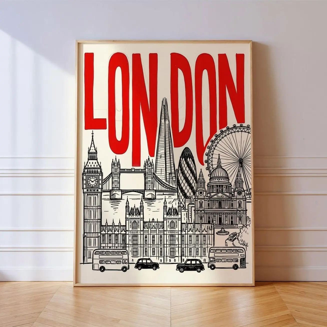 London Wall Art, Red Typography Skyline Poster Print, Modern Travel Decor G