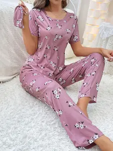Women's Sleepwear Loungewear Set Pajama Round Neck Short Sleeve Long Pants Full Print Milk Silk Lightweight Ditsy Floral Pattern Top and Bottoms