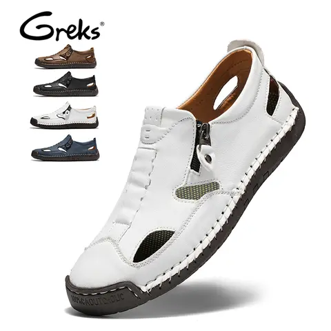 GREKS Men's Round Toe Hand-Stitched Beach Casual Walking Shoes - Flat Heel, Rubber Sole, Ankle Side Zipper, Lightweight, Breathable, EVA, Outdoor Summer Sandals, Available in Multiple Colors (Black/White/Blue)