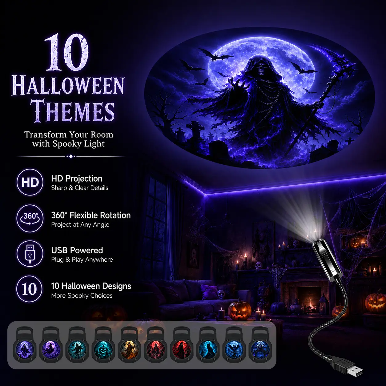 Halloween-Themed 10-Pattern Projection Ambient Night Light Includes various patterns such as witches, death, pumpkin heads, scarecrows, and vampires.