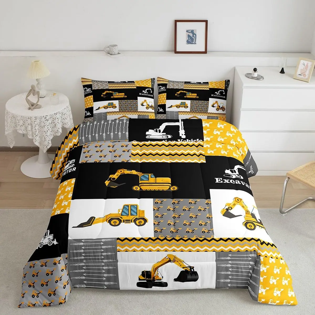 Feelyou Construction Cartoon Duvet Comforter Set - Excavator & Equipment Trucks Design, Lattice Quilt, Blanket Bedding (Twin, Full, Queen, King Sizes), Blanket Bedding Set, Cartoon Duvet Set