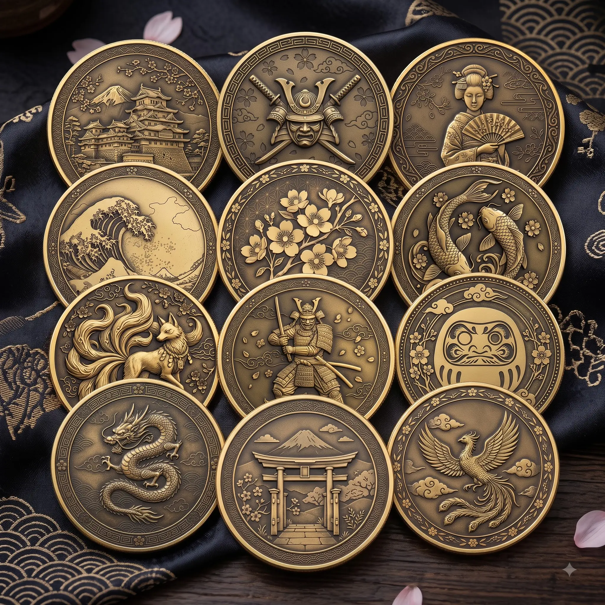 Japan 12 Coin Collection, High Quality 3D Printed Gold Metal Coins, Japanese Mythology & Traditional Symbols