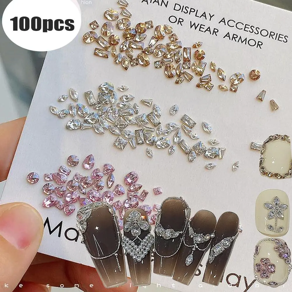 100pcs Sparkling Flat Bottom Zirconia Nail Rhinestones Champagne/Clear/Pink 1.5-4mm Mini Nail Gemstones Multi Shape Nail Diamond