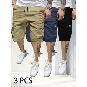 3-Piece Men's Shorts Set - Brown Black & Green - Slanted Pockets - Versatile Casual Wear - 3-Piece Bottoms for Everyday Use Menswear Overalls shorts men