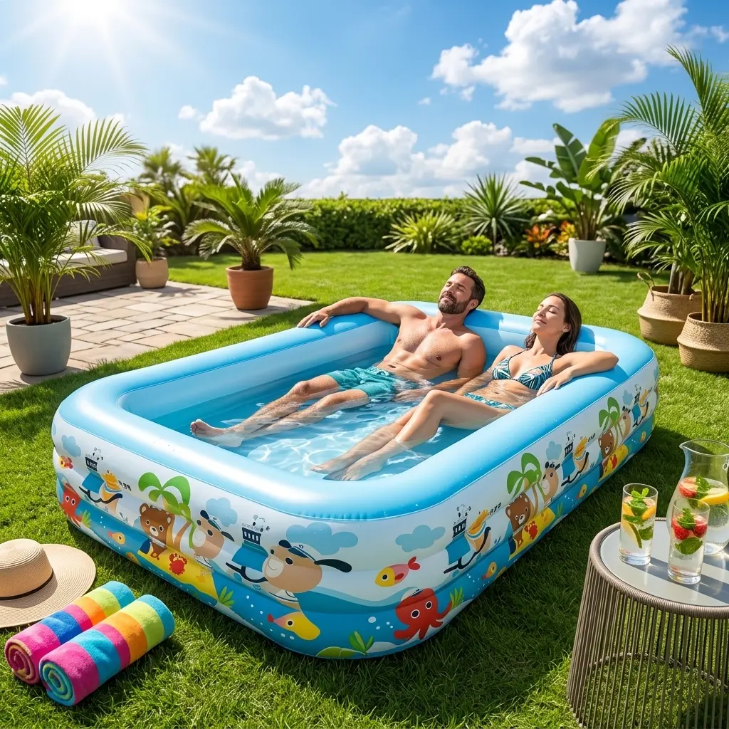 Rectangular Inflatable Pool - Giant Family Swimming Pool with Thick-Wall Strength, Thickened PVC, Leak-Proof Durable Material, Foldable Fold-&-Go Setup for Backyard Outdoor Sports & Water Fun