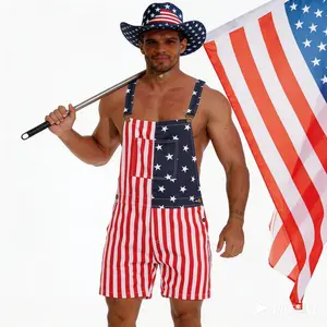 Men Women Adjustable Strap Denim Overall Shorts, Classic Stars and Stripes American Flag Romper with Bib Pocket Designed to Hold Sunglasses, Semiquincentennial 4th of July Jumpsuit, Breathable Beach Vacation Coveralls, Patriotic Gift for Father's Day