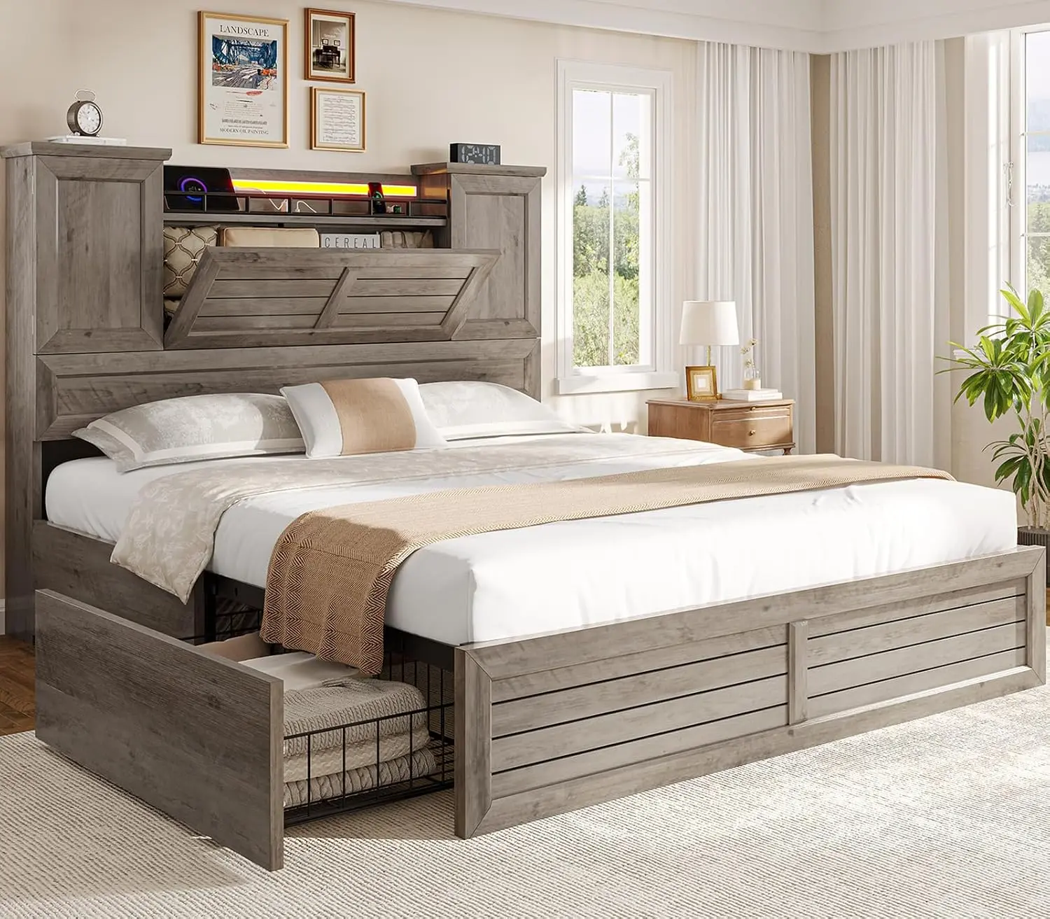 VIAGDO Full Bed Frame with Headboard and Storage Cabinets, Farmhouse Bed Frame Full Size with Charging Station and LED Lights, Wooden Platform Bed Frame with 4 Drawers, No Box Spring Needed, Grey