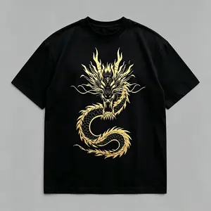 Men's Black Gold Dragon Graphic T-Shirt, Oriental Dragon Streetwear Tee，Edgy Oriental Dragon Print T-Shirt, Great for Urban & Y2K Fits，Men's Summer 100% Cotton Round Neck T-shirt funny men tshirt