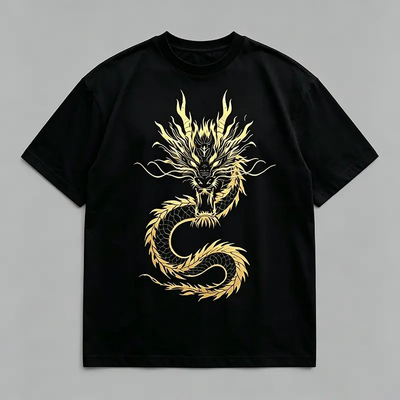 Men's Black Gold Dragon Graphic T-Shirt, Oriental Dragon Streetwear Tee，Edgy Oriental Dragon Print T-Shirt, Great for Urban & Y2K Fits，Men's Summer 100% Cotton Round Neck T-shirt funny men tshirt