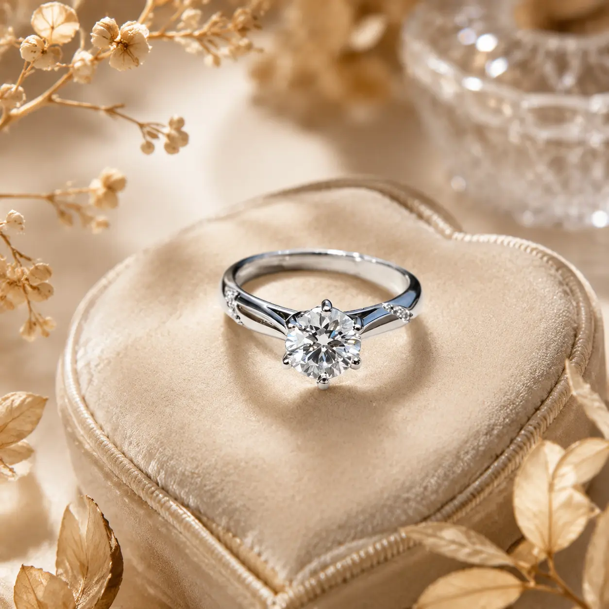 Classical Unisex Round Cut Diamond-Like Moissanite Solitaire Ring, 6-Prong Nickel-Free Silver Promise Ring Anniversary Gift, Six Prongs