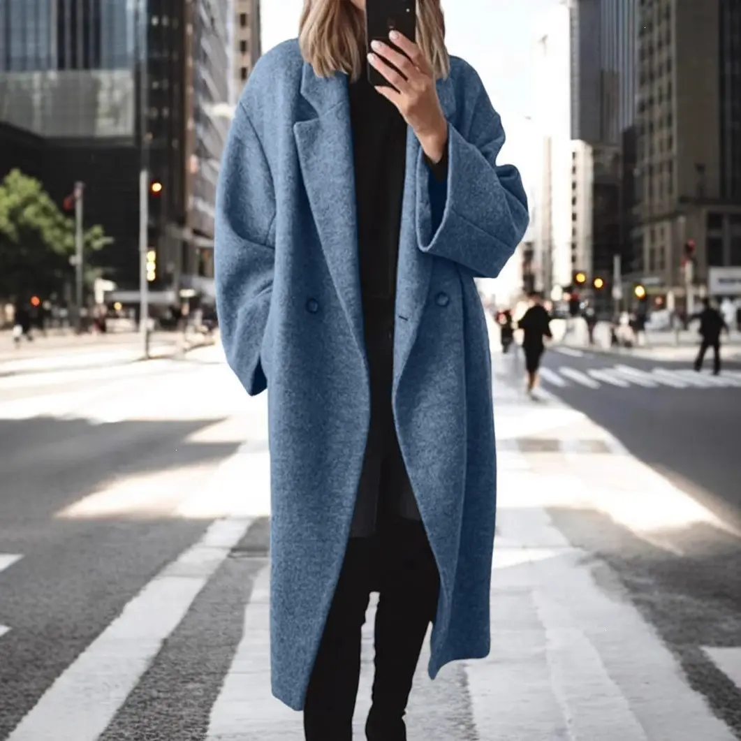 Women's longline wool coat with a lapel collar and double-breasted design, relaxed drop-shoulder fit, warm outerwear for autumn and winter