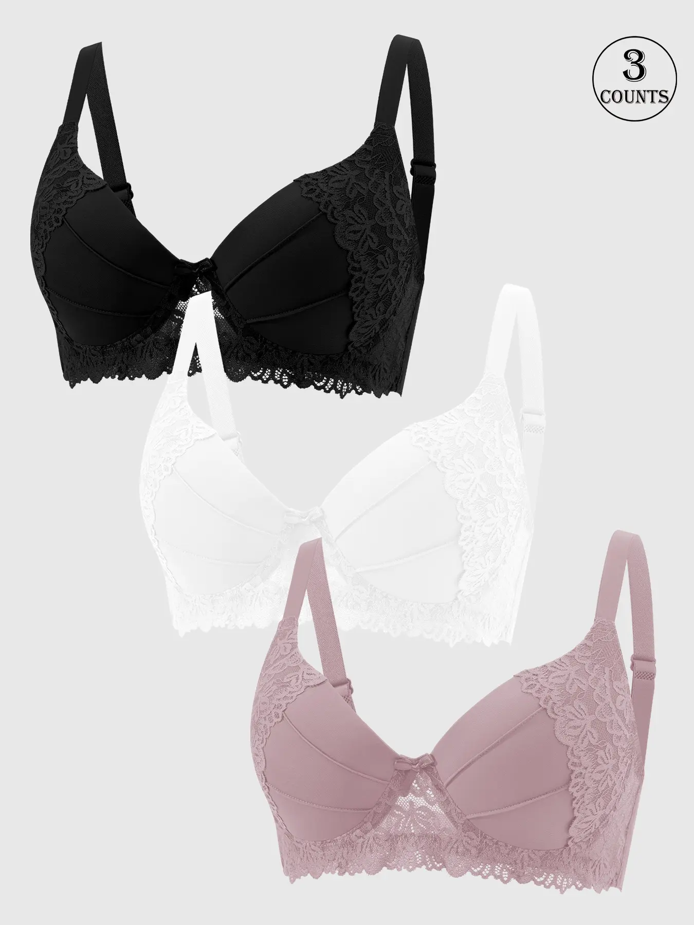 3 piece set of sexy lace-trimmed bras, breathable and comfortable, suitable for daily casual and work wear. Anti-sagging support bras with underwire and hook closures, adjustable, sports-style back, high-support and push-up lace bras.