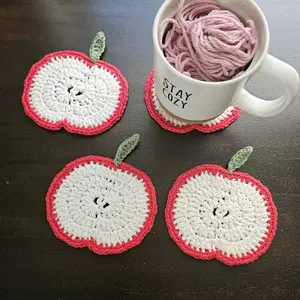 Crochet Apple Slice Coaster - 100% Cotton Handmade Tableware for Tea & Mugs - Perfect for Housewarmings & Special Occasions
