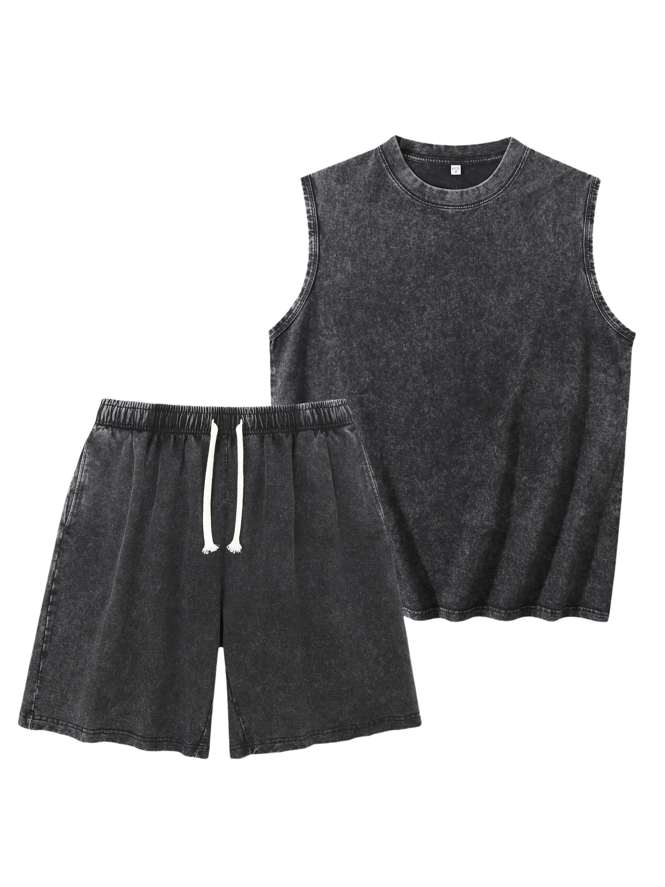 Unisex Vintage Acid Wash 2 Piece Outfit, Crew Neck Sleeveless Tank Top + Drawstring Knee Length Shorts Set, 100% Cotton Soft Casual Loungewear For Men Women Summer Daily Wear