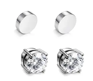 Stainless Steel Magnetic Stud Earrings for Men Women Non Piercing Clip on Earrings 8MM silver bangles Cz