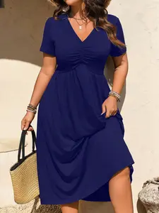 Plus Size Elegant A-Line Dress, Summer Fashion Women's V-Neck Ruched Bust and Waist Elastic Dress, Short Sleeve Colorblock Design