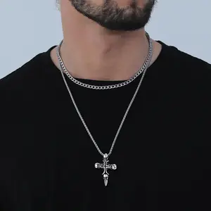 FaithHeart Vintage Skull Cross Necklace Stainless Steel Skelenton Cross Biker Necklace