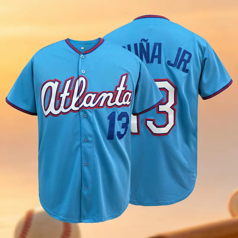 Unisex Atlanta 13 Light Blue Baseball V Neck Embroidered Jersey, Athletic Wear, Stitched Team Uniform for Game Day, Party & Daily Wear, Sports Top