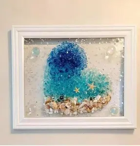 Ocean Wave Sea Glass Art, Framed Beach Decor with Crystal Bubbles, White Frame, Turquoise Blue Mosaic, Coastal Wall Art with Seashells