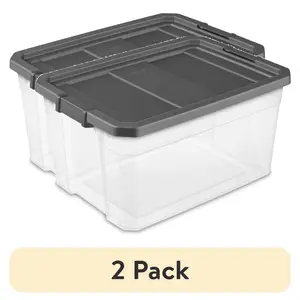 (2 pack) Sterilite 76 Quart Stacker Box, Durable Clear Plastic Storage Bin with Latch Lid, Dark Gray