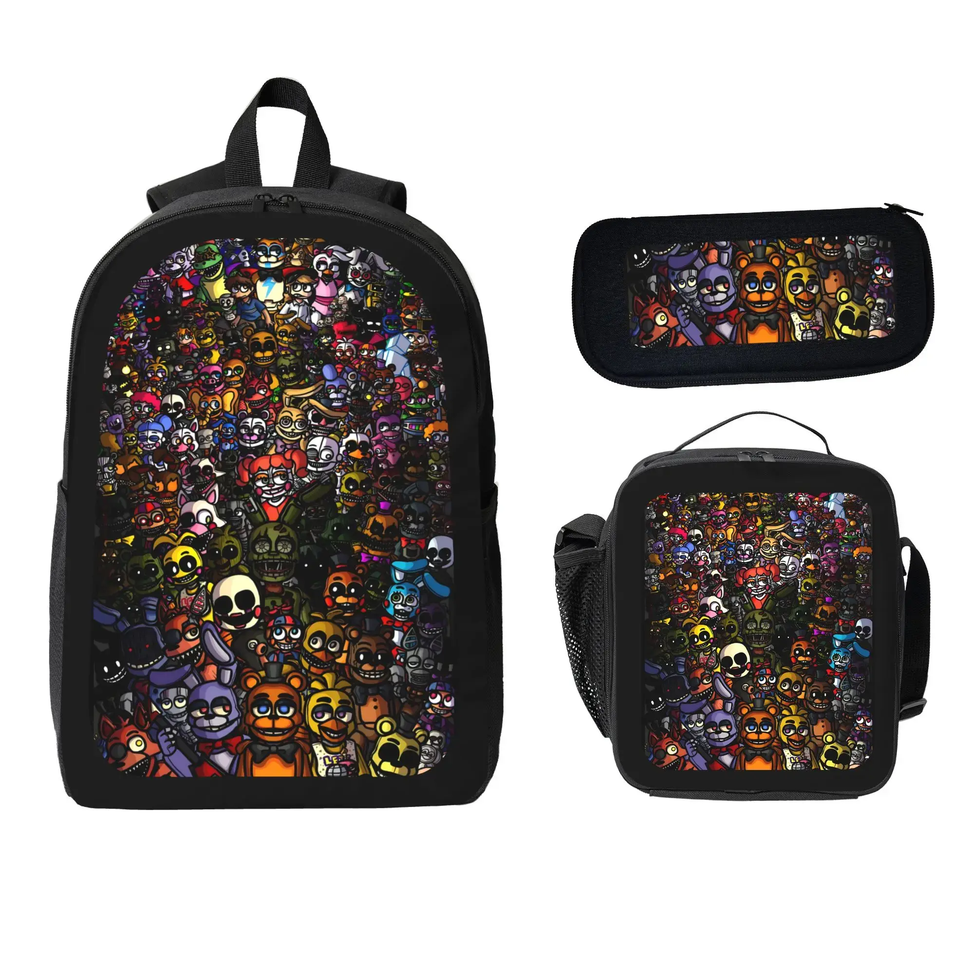 3Pcs FNAF Backpack Set with Insulated Lunch Bag and Pencil Case, Cartoon Horror Game Animatronic Print School Bookbag Combo for Boys Girls Kids, Cool Travel Daypack