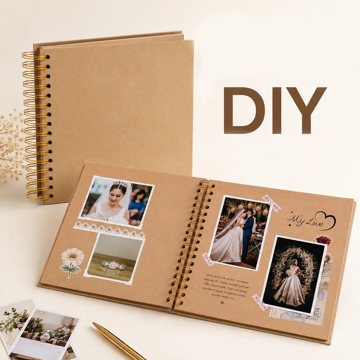 DIY Scrapbook Photo Album 8x8/10x10, Hardcover Kraft Paper Memory Book with 20 Sheets 40 Blank Pages and Gold Spiral Binding, Customizable Wedding Guest Book, Baby Album, Family Keepsake and Anniversary Gift