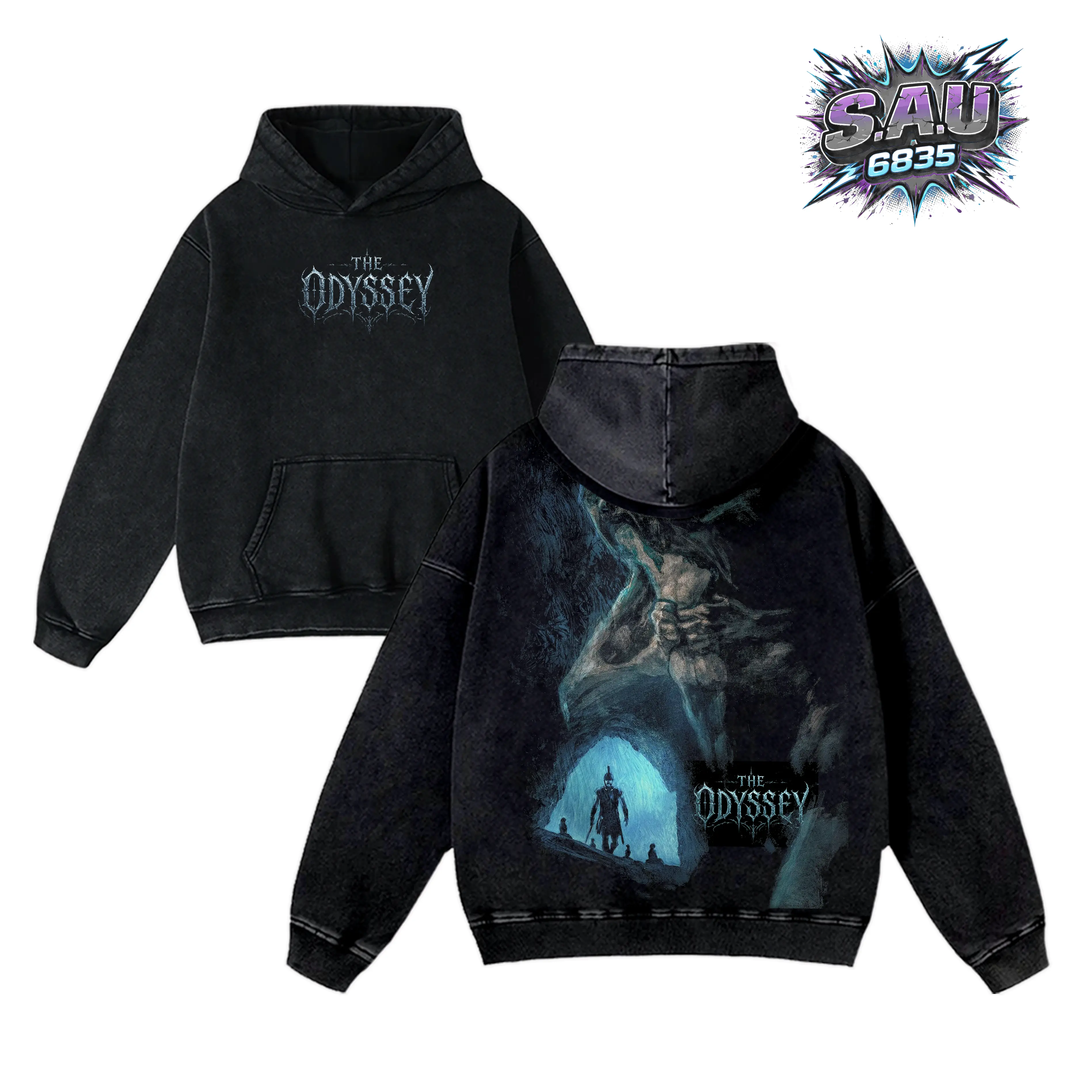 Gothic Dark "The Odyssey" Vintage Washed Tee & Hoodie, Heavyweight Cotton Mythological Hero Illustration Shirt, Retro Metal Streetwear, Y2K Grunge Aesthetic, Unisex Apparel