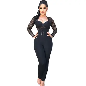 W8031 AliExpress Europe and America Sexy mesh stitching deep V sexy see-through slim jumpsuit