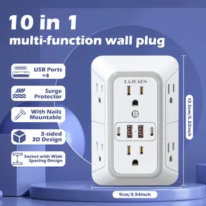 3-Sided Surge Protector Wall Charger with 6 Outlets, 4 USB Ports (2U2C) & Spaced Plugs - Multi Plug Adapter for Home, Travel