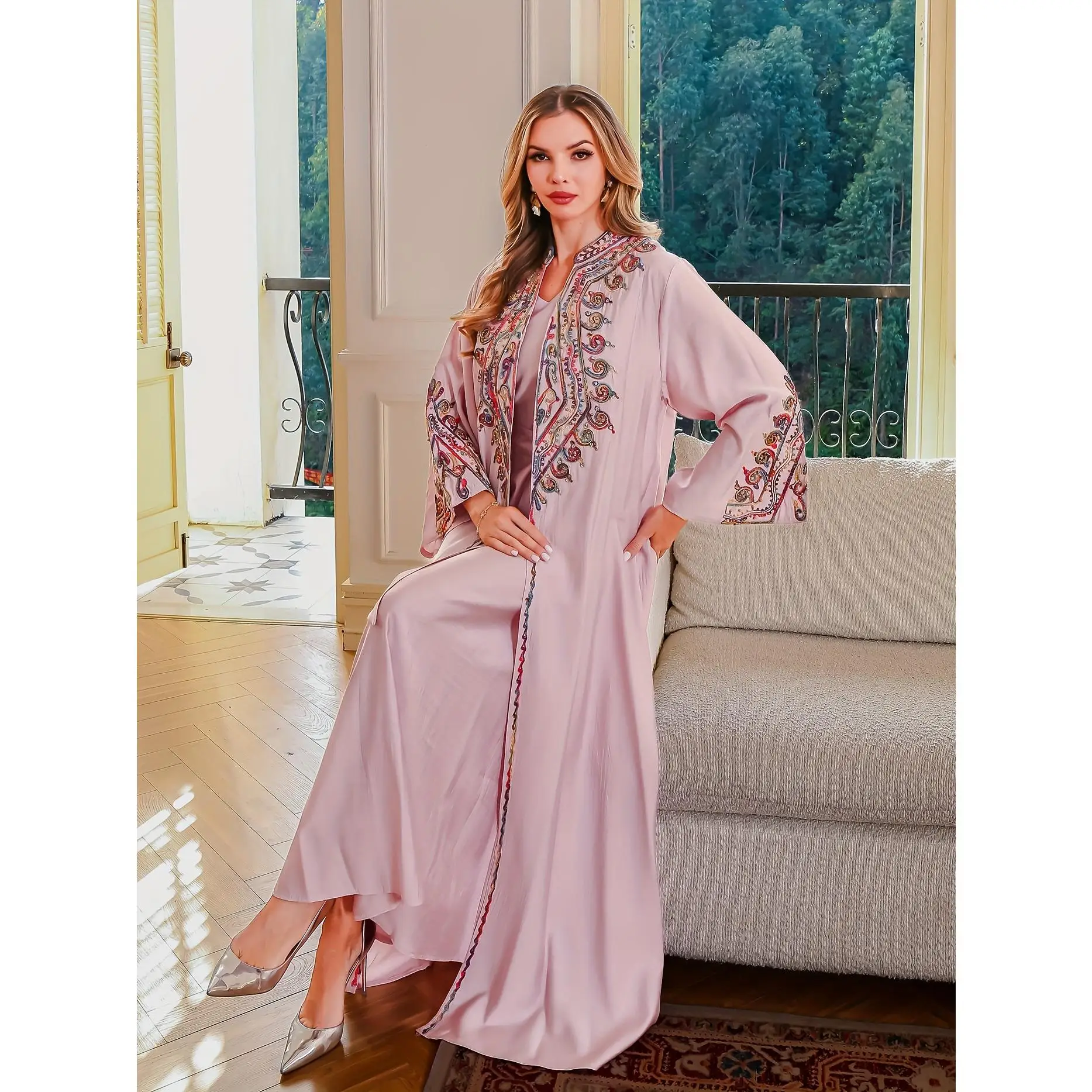 Women'S Embroidered Abaya Dress, 100% Polyester Long Sleeve Loose Fit, Geometric Pattern, Non-Stretch Woven Fabric, 200g/m², All Season Luxury Middle