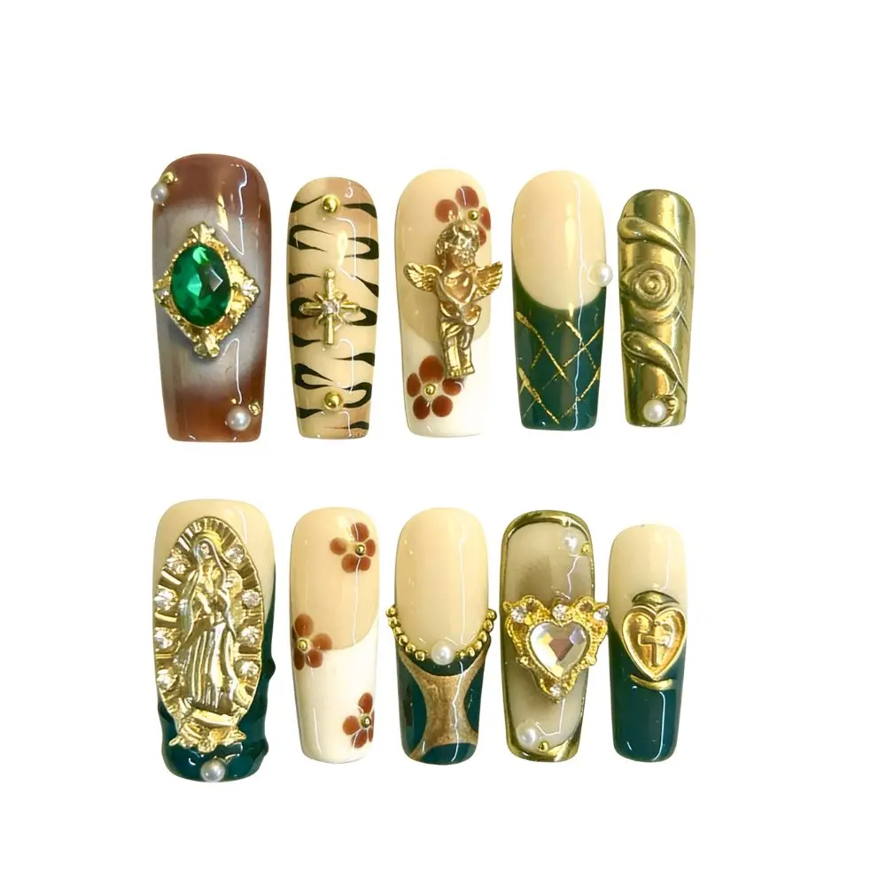 10-Piece Milky White & Green Retro Long Square Press-On Nails, Reusable Acrylic False Nails with Metal Cross & Gemstone Details, Exotic Vintage Style, Nails Press On
