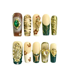 10-piece milky white and green retro press-on nails (long square shape) | reusable acrylic false nails with metal cross and gemstone details | exotic vintage style