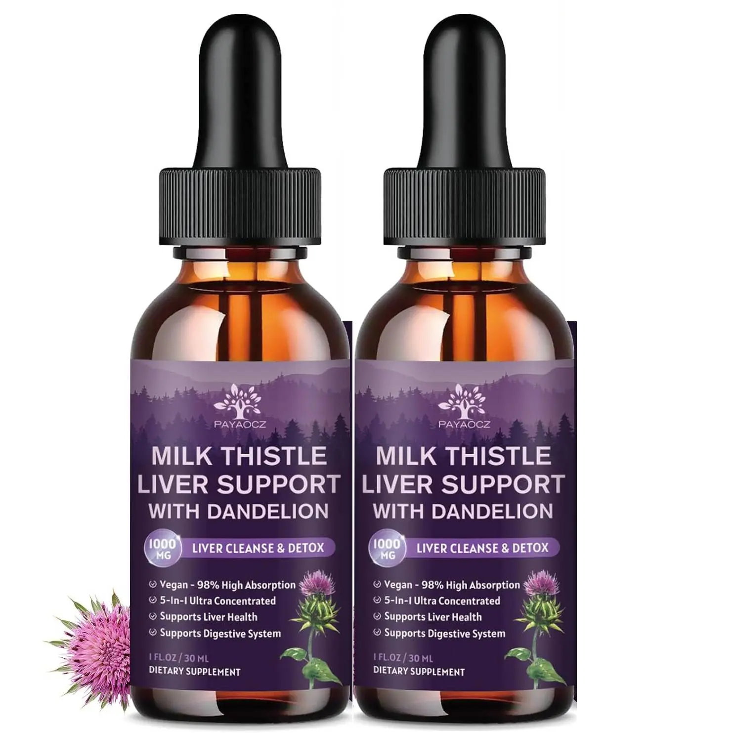 (2 Pack) Milk Thistle Liquid Drops Silymarin 1000mg, Liver Supplement Detox & Cleanse with Dandelion & Artichoke, Milk Thistle Organic Extract for Support Repair Liver Health, Vegan, Non-GMO, 1 Fl Oz