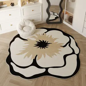 Cream Color Irregular Floral Living Room Carpet, Thick Soft Bedroom Rug, Suitable for Sofa and Coffee Table, High-End Vanity Chair Pad
