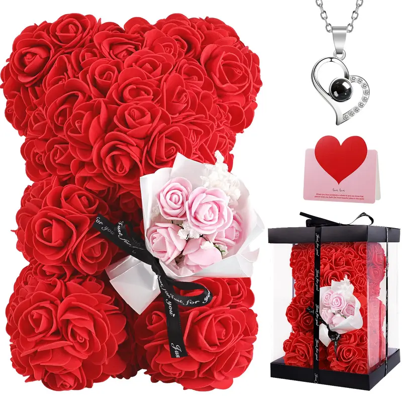 Rose Bear with Box - Artificial Flowers Rose Teddy Bear with Box, Greeting Card, Necklace - Cute & Romantic Valentine’s Day Gifts for Her, Women, Girlfriend, Wife (Red) Decor Decorative