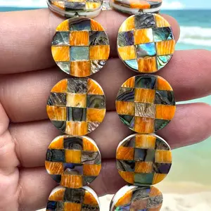 Spiny Oyster & Abalone Shell Beads - Coin 20mm - Native American Style - Double-Sided Reversible (Handcrafted Square-Mosaic Inlay Artistry with Meticulous Workmanship) DIY Jewelry Making