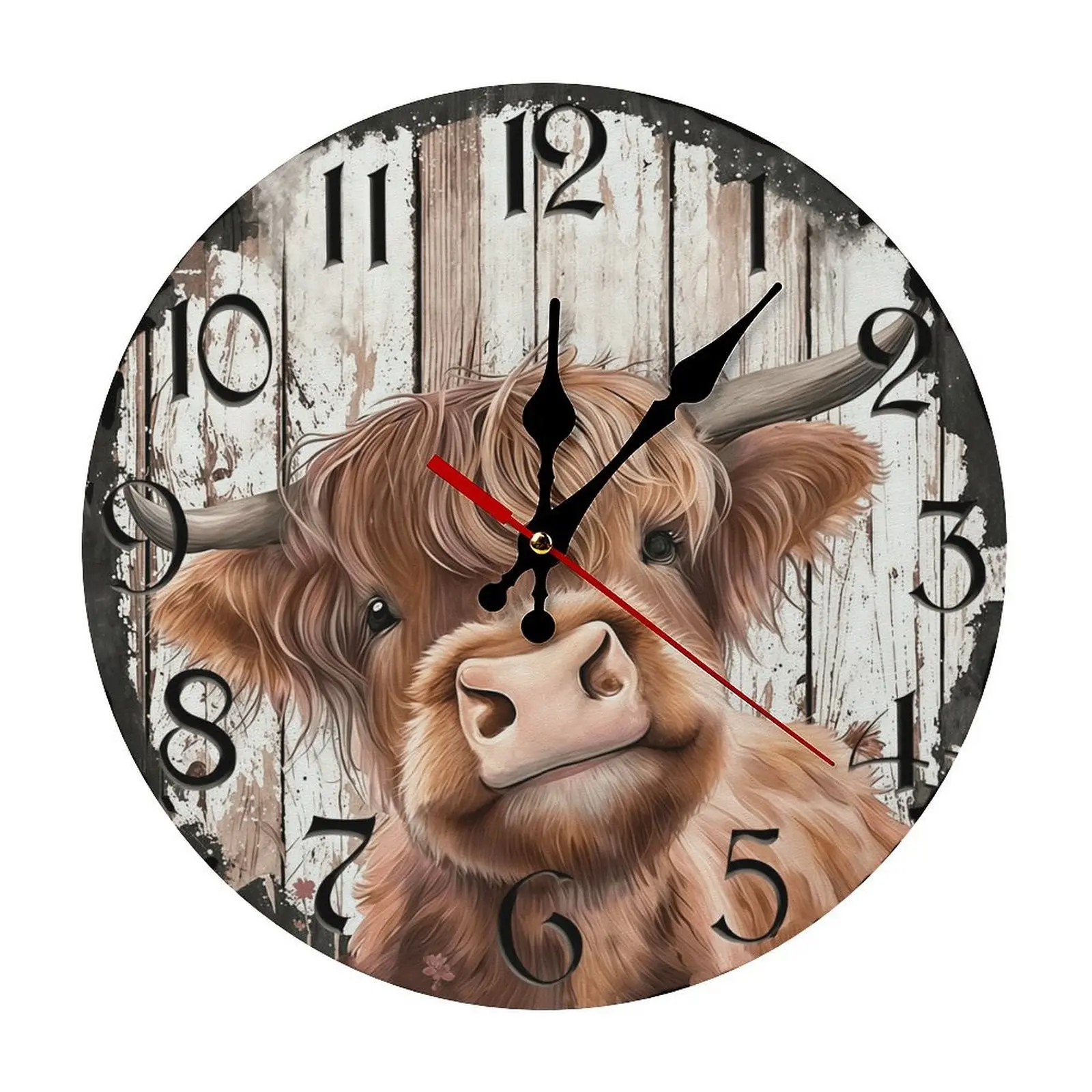 Fluffy Highland Cow Shaped Round Wall Clock - 10/12 in Rustic Wood Silent Decor, Farmhouse Home/Kitchen Decor, Ideal Gift for Cow Lovers, Accurate Time Display, Battery Not Included, Wall Clocks for Living Room
