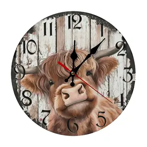 10/12 Inch Highland Cow On Rustic Wood Wall Clock | Silent Non-Ticking Farmhouse Design, Battery Not Included, Perfect Gift For Cow Lovers, Kitchen, Living Room