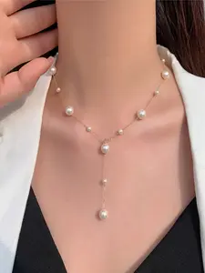 S925 Silver Faux Pearl Necklace, Starry Pattern Multilayer Casual Round Fall Winter Sweater Chain, Non-Fading Jewelry Gift