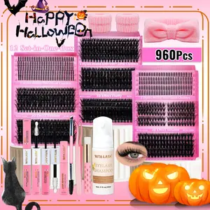 RITALASH 960PCS Spike&Cat Lash D Curl Individual Eyelashes Black Individual Eyelashes Soft And Comfortable Kit With Lash Bond&Seal Lash Remover Tweezers Dual-Ended Brush Shampoo&Brush Headband Wristband For Daily Life, DIY Eyelash Extensions Set