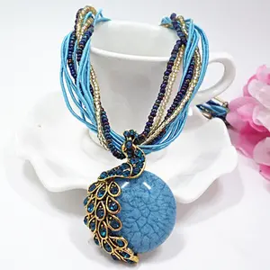 Boho Vintage Braided Peacock Green Stone Choker Necklace for Women, Ethnic Hand-Woven Thread Pendant Neck Jewelry, Unique Retro Statement Accessory for Vacation Wedding Birthday Gift For Friends
