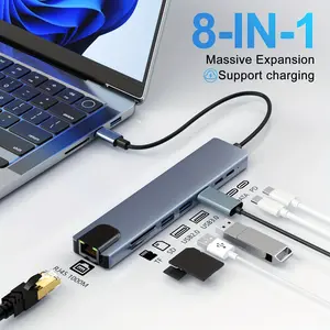USB 8 in 1 Type C 3.1 to 4K Hdtv HUB Adapter, Multi Port Adapter, SD TF 100m Rj45 Card Reader, PD Fast Charge, Compatible with Macbook, Notebook, Computer