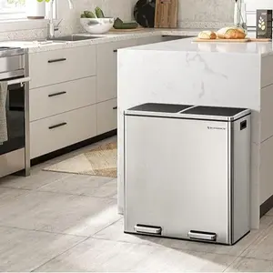 SONGMICS Stainless Steel Trash Can Garage Can Multi-Compartment Plastic Inner Buckets and Hinged Lids Soft Closure Kitchen Trash Bin SONGMICS Stainless Steel Trash Can Garage Can Multi-Compartment Plastic Inner Buckets and Hinged Lids Soft Closure Kitchen Trash Bin