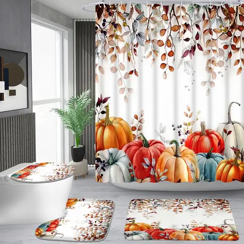 4-Piece Polyester Aesthetic Pretty Bath Curtains Shower Set for Bathroom - 3D High-Definition Watercolor Pumpkin & Autumn Leaf Pattern, Waterproof, 12 Hooks, Non-Slip Carpet, U-Shaped Toilet Cushion, Toilet Seat Cover, Ideal for Decoration & Moving Gifts,