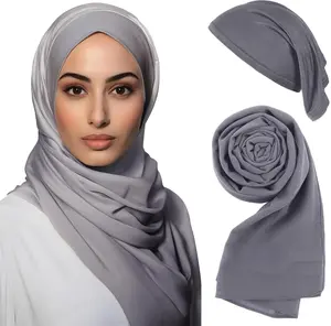 Hijab Scarves and Undercap Set Chiffon Muslim Head Scarf for Women Islamic Solid Long Shawl Inner Hijab Cap Comfortable Cotton & Chiffon Material Thoughtful Gift Option