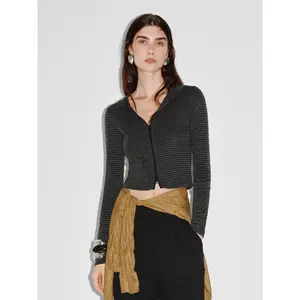 URBAN REVIVO 2026 Spring Trending Women's Striped Hooded Cropped Zip-Up Longsleeve Jacket - Plaid-Accent Wool Thin Coats, Casual Tops, Polyester Fabric (UWJ160027)