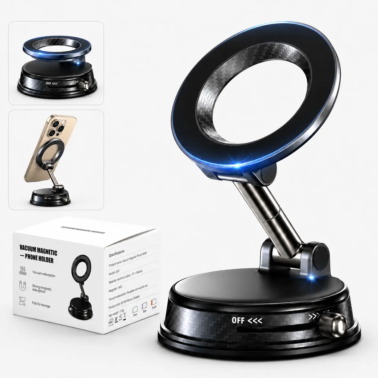 Upgraded Vacuum Magnetic Car Phone Holder, 85LBS Strongest Suction & 2600gf Magnetic for Magsafe Car Mount, 360° Adjustable Foldable Cell Phone Holders for Your Car for iPhone 17 Pro Max 16 15